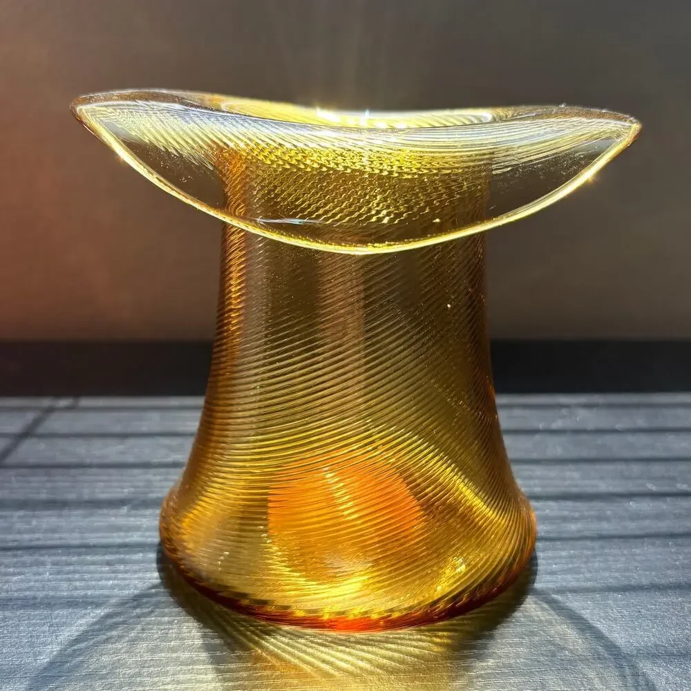 Vintage Amber Glass Hat Vase Hand Blown w/ Pontil Mark Spiral Pattern MCM Ribbed